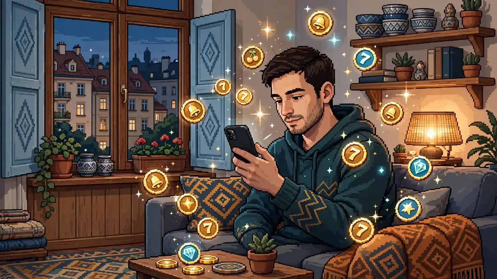 Hráč v českém bytě drží telefon, kolem poletují tokeny výherních automatů