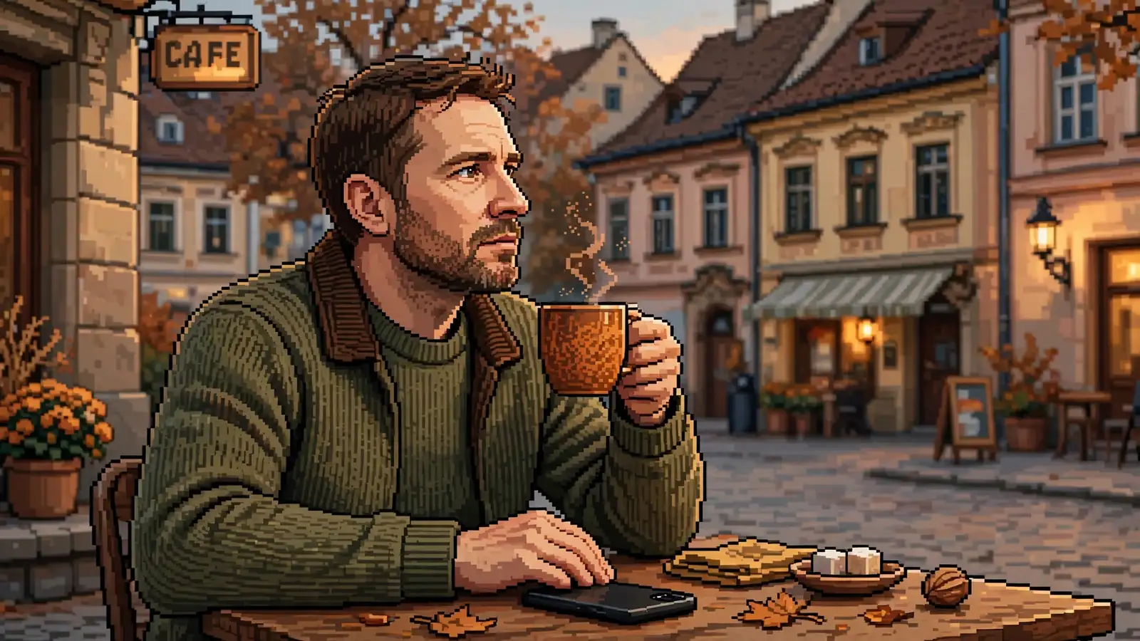 Člověk zamyšleně sedí v kavárně na českém náměstí, telefon odložený vedle šálku.
