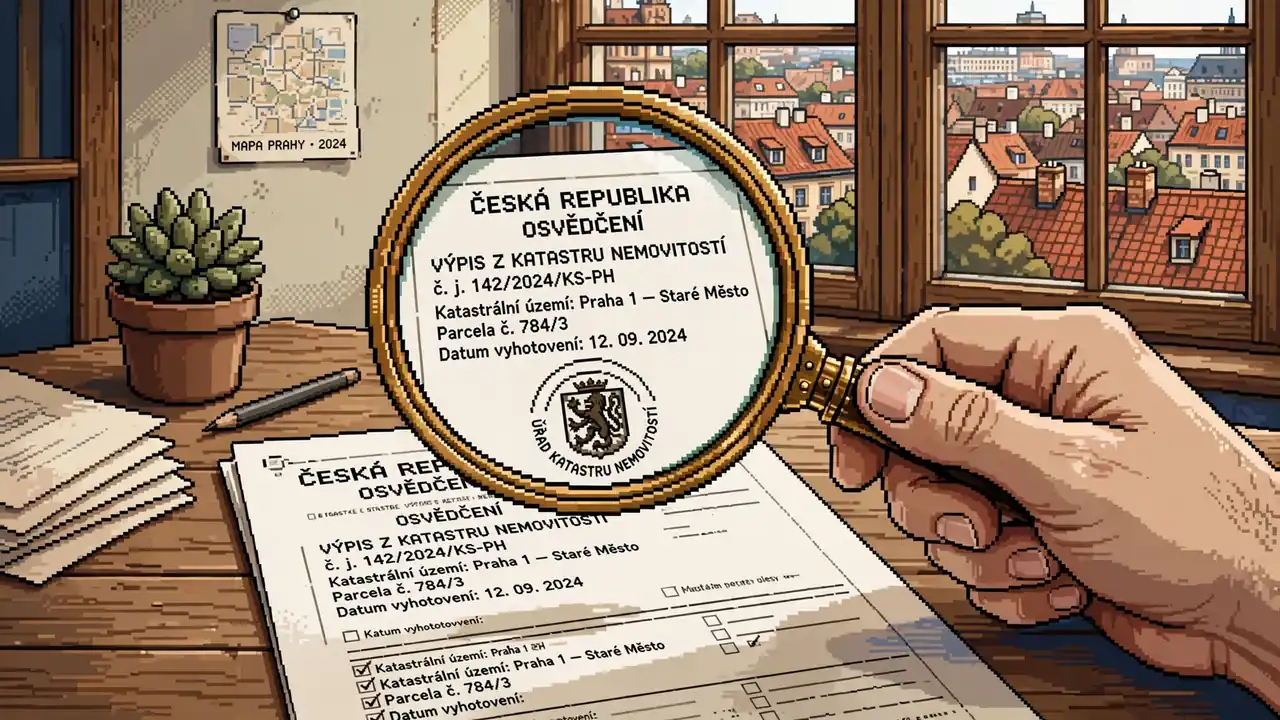 Ruka s lupou nad úředním dokumentem s razítkem