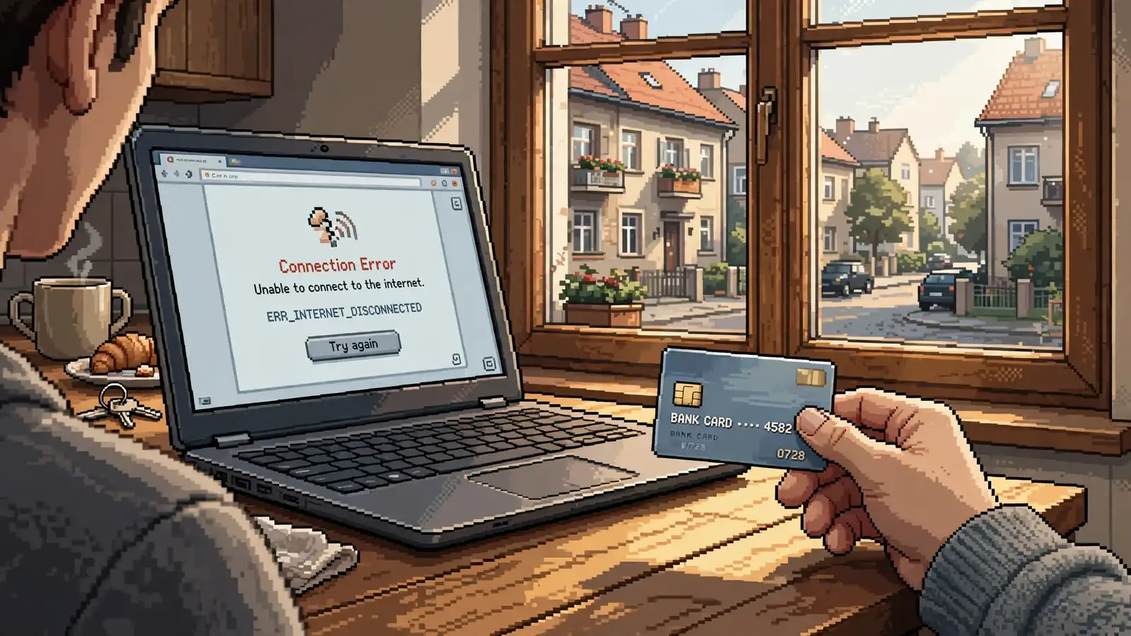 Notebook s chybou připojení a platební karta