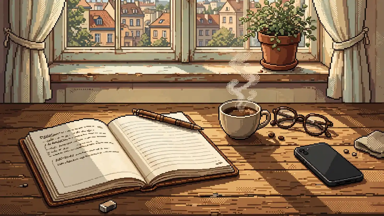 Pracovní stůl s notebookem, perem a šálkem kávy v teplém ranním světle.