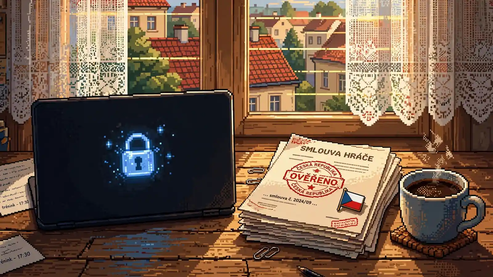Pracovní stůl s notebookem, úředními dokumenty a českou vlajkou u okna.