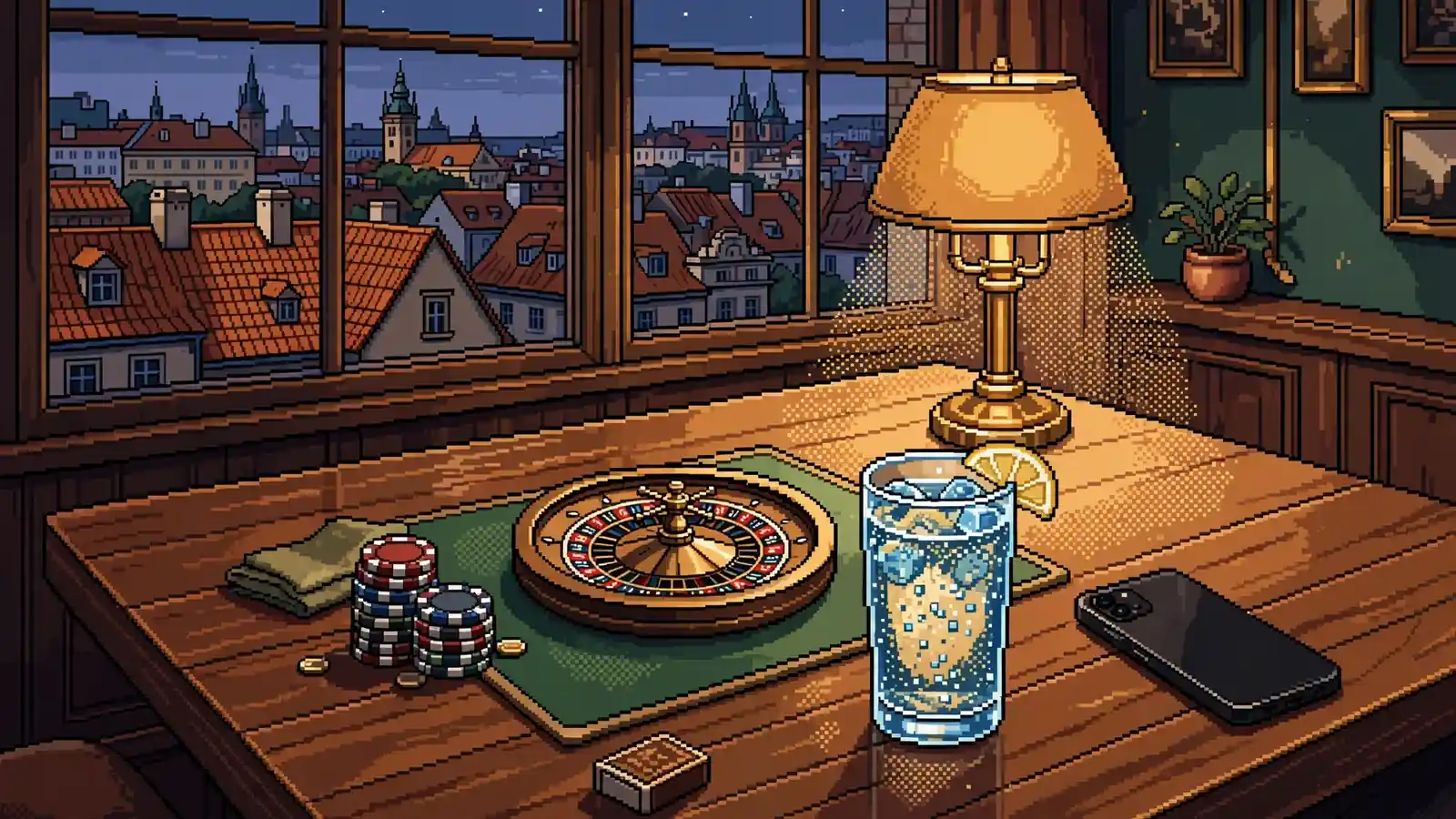 Kasinový stůl s žetony a ruletou v pražském podvečerním lounge