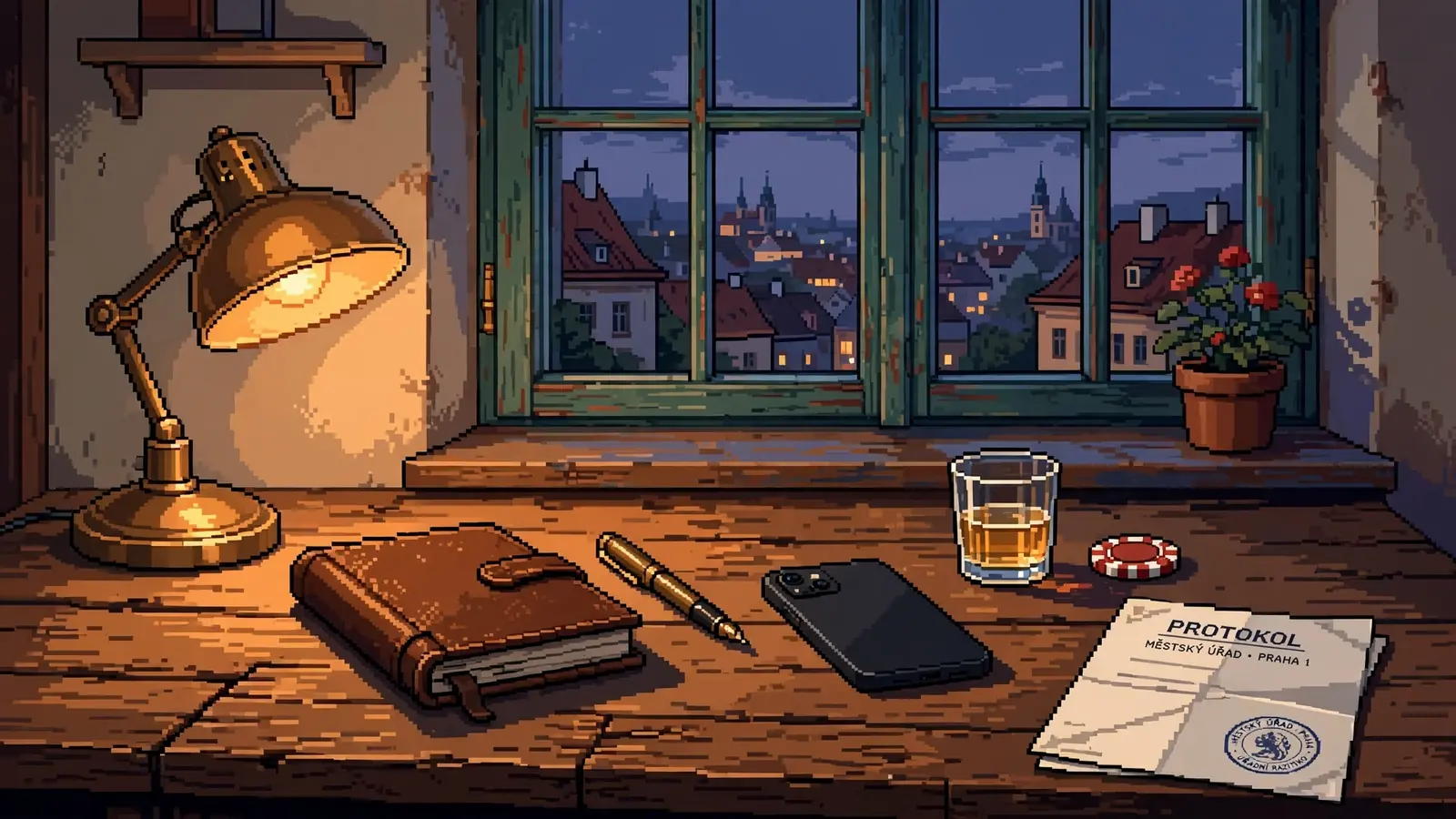 Pracovní stůl s dokumentem s razítkem, notebookem a žetonem u okna s pražskou střechou.