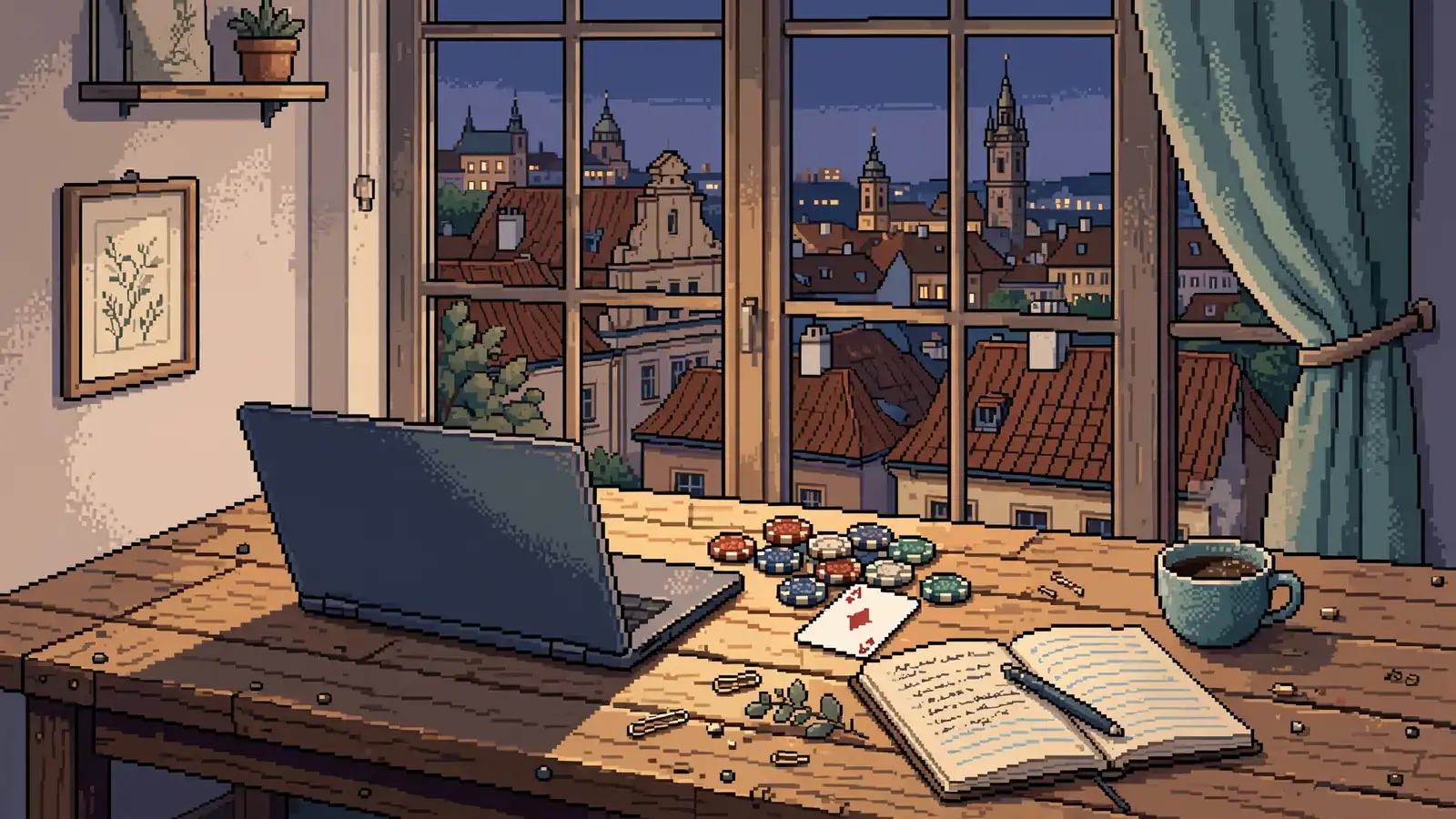 Dřevěný stůl v českém bytě s notebookem, herními žetony a pohledem na pražské střechy