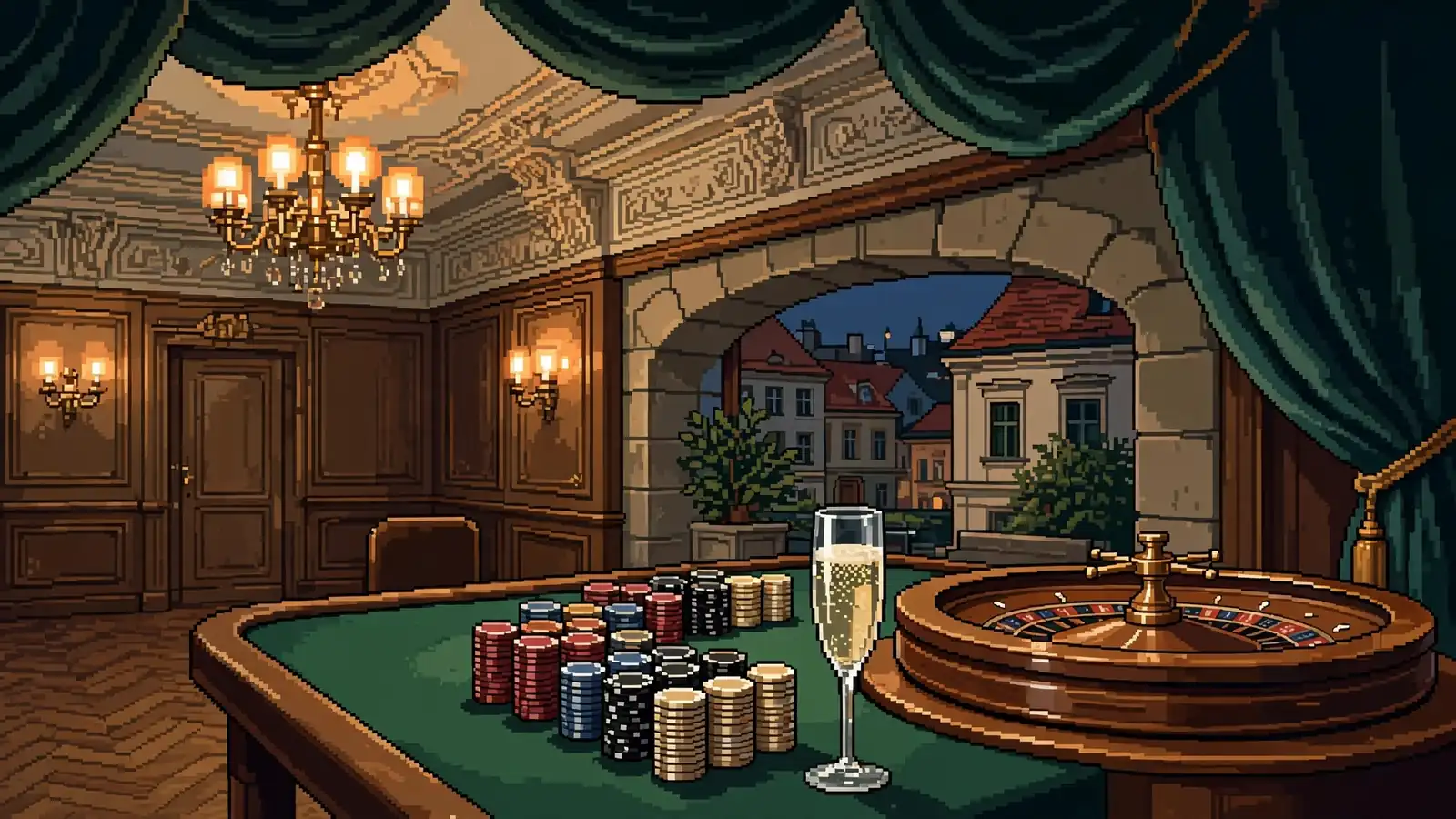 Elegant casino interior in Brno with roulette table and chips under chandelier light